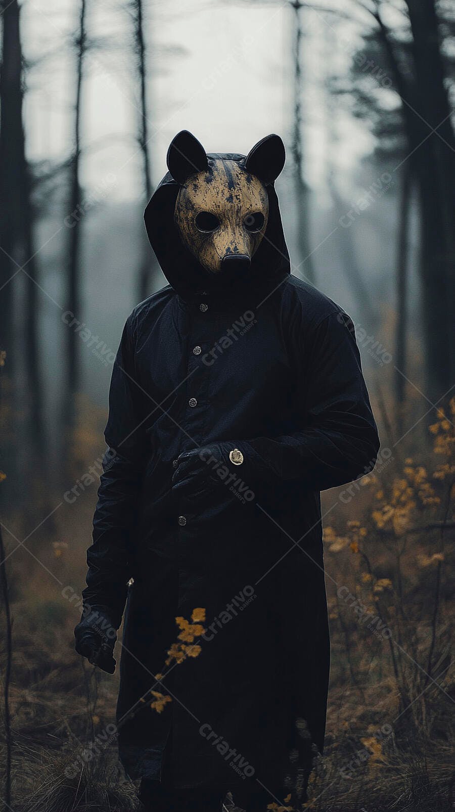 Pessoa com máscara de urso dourada na floresta nebulosa
