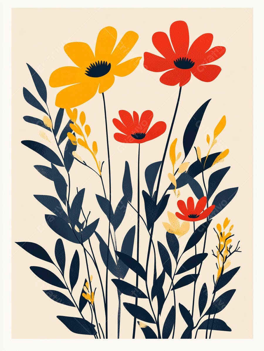 Flores vermelhas e amarelas ilustradas com folhagem azul marinho decorativa