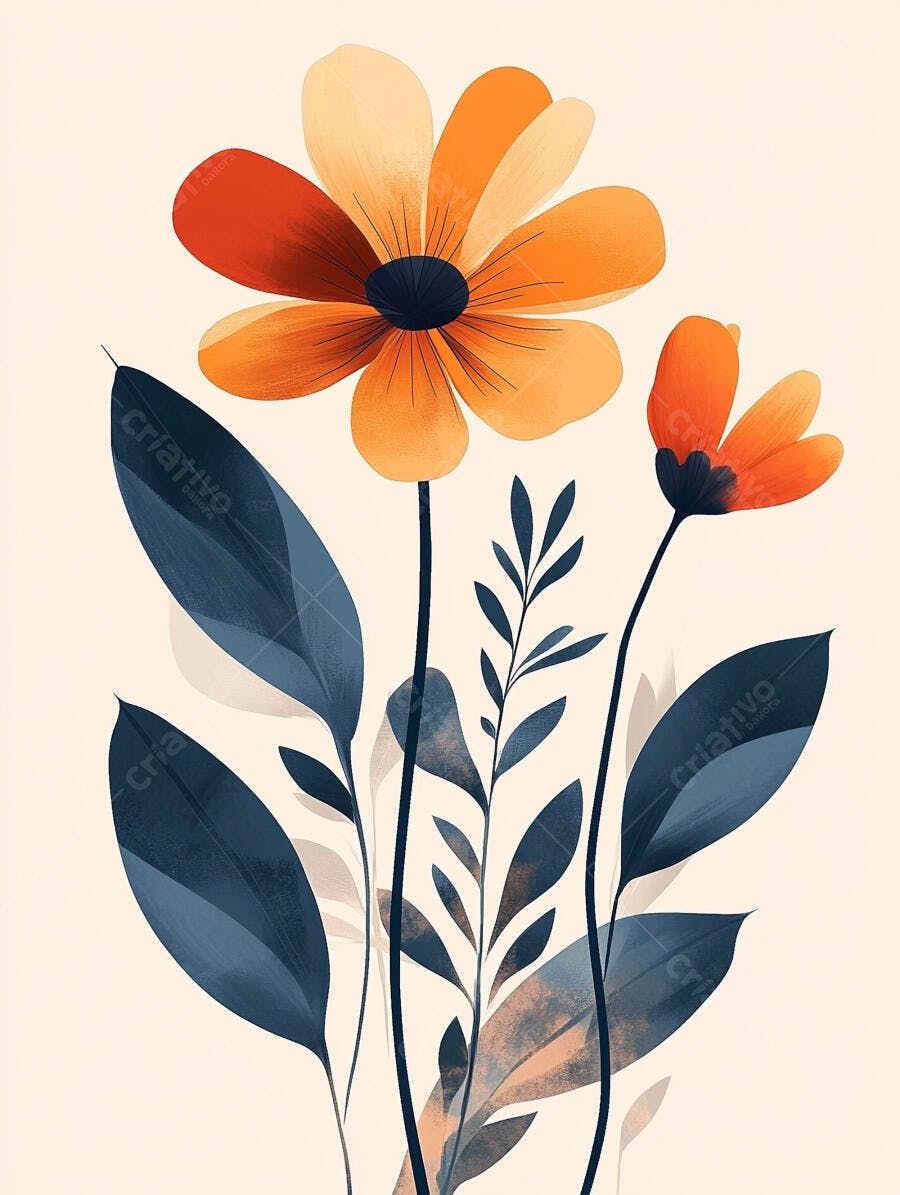 Flores laranjas e folhas azuis ilustração botânica minimalista moderna
