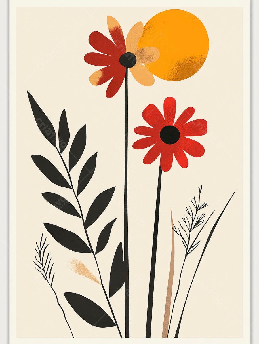 Flores abstratas vermelhas e laranjas com sol em ilustração minimalista