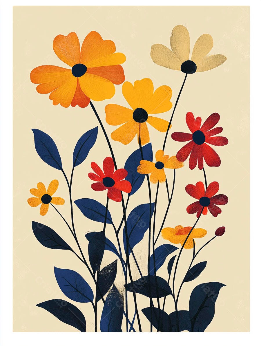 Arranjo de flores estilizadas vibrantes laranja vermelho e azul com fundo creme