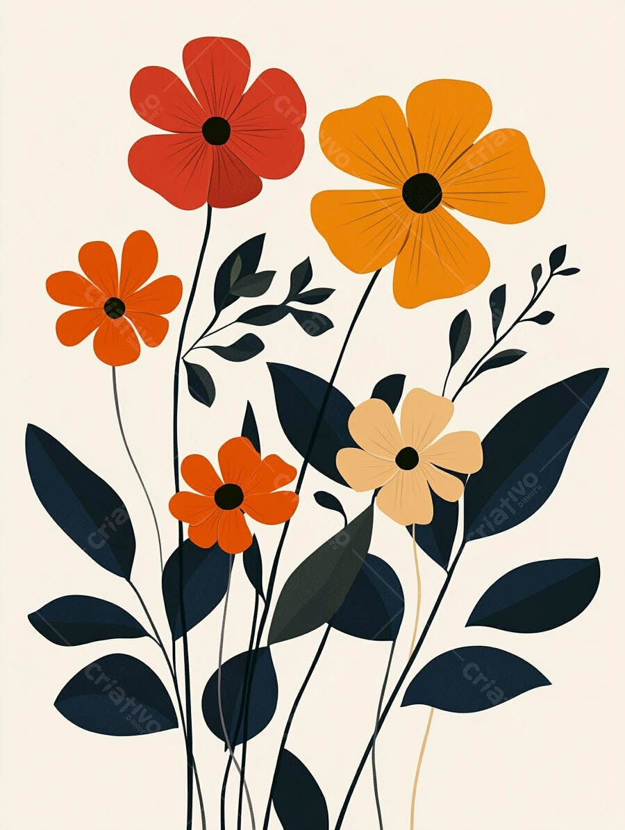Ilustração de flores minimalistas vermelhas laranjas e bege com folhas escuras