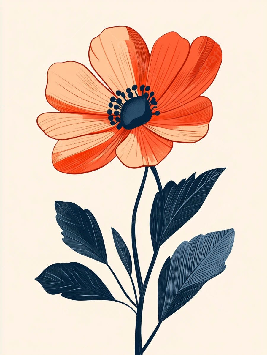 Ilustração de flor laranja com folhas azul marinho em fundo creme