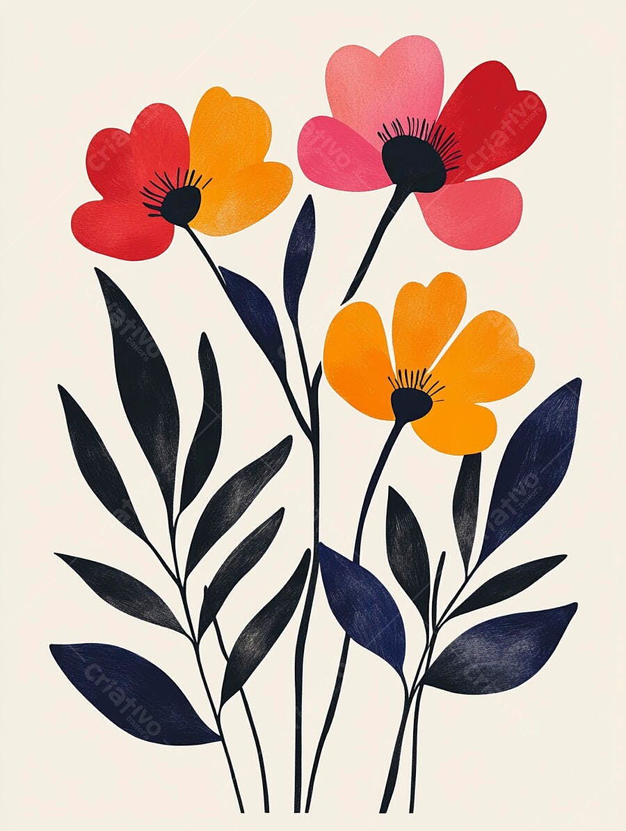 Flores ilustração abstrata vermelhas laranjas e rosa com folhas azul marinho