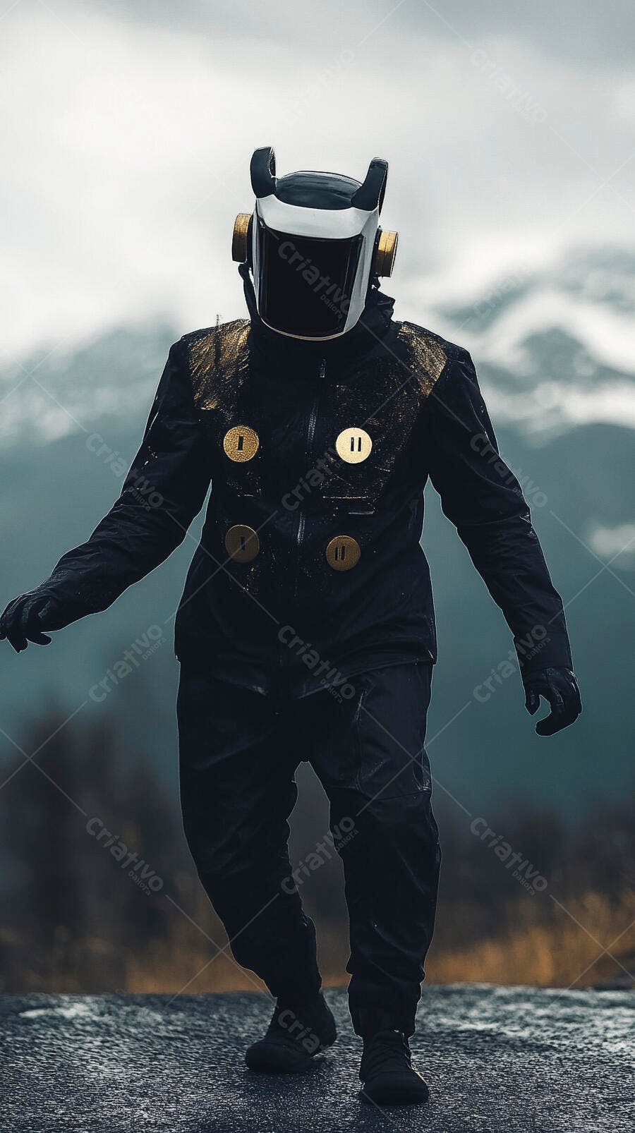 Robô futurista com capacete e traje dourado em paisagem nebulosa