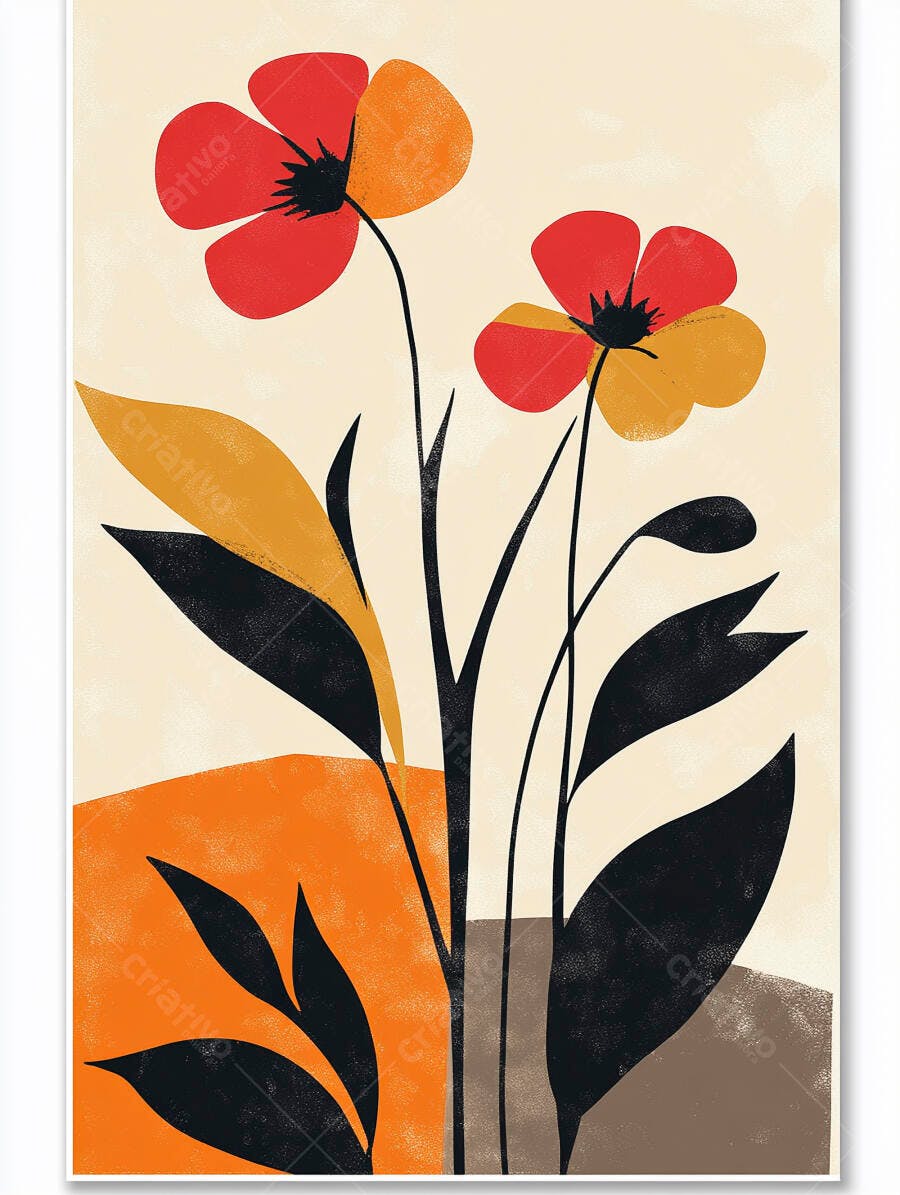 Flores abstratas vermelhas e laranjas com fundo bege minimalista arte