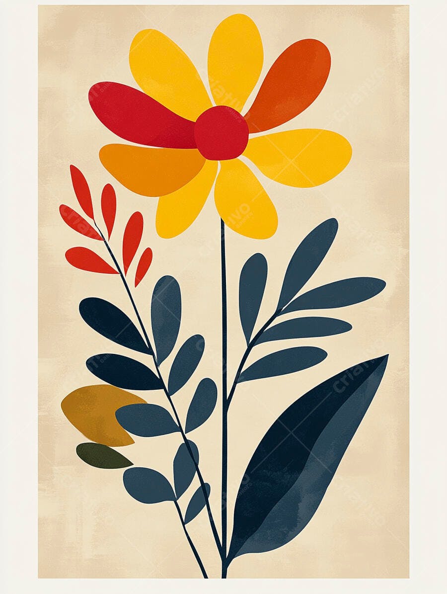 Flor abstrata amarela vermelha e azul com folhas em fundo bege minimalista