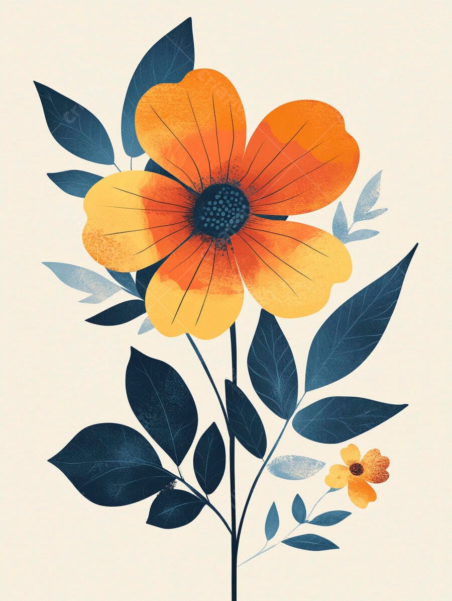 Flor abstrata laranja e azul com folhas em fundo claro