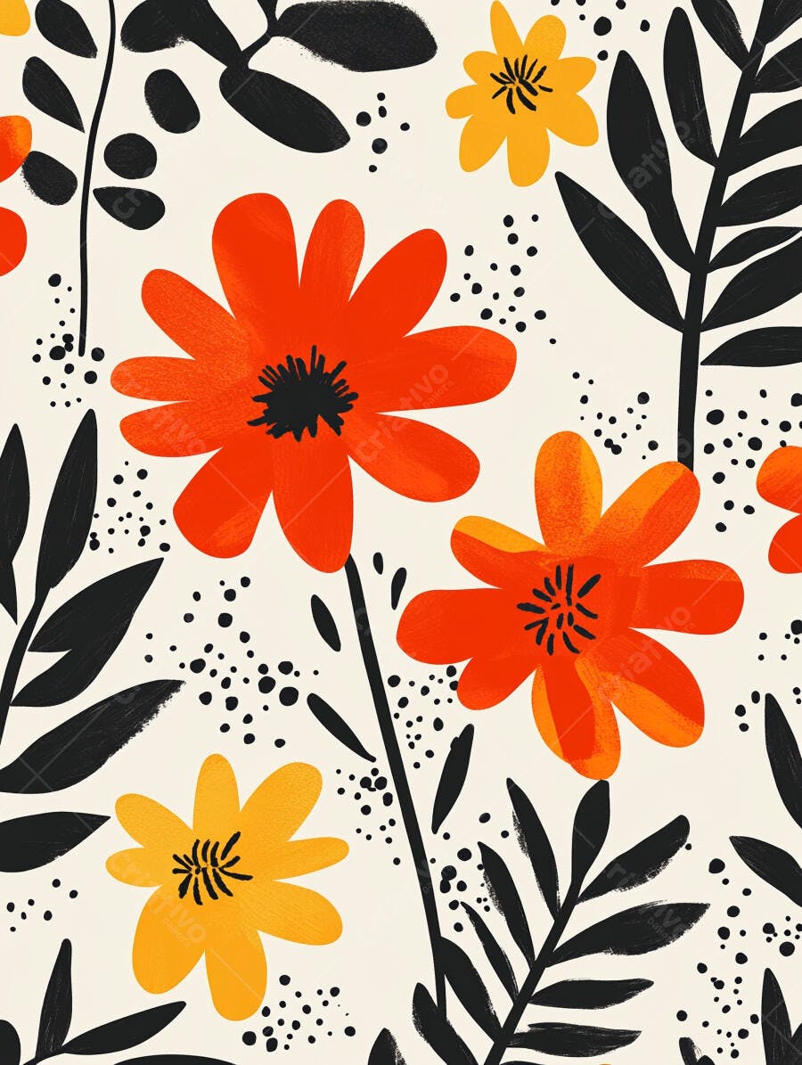 Padrão floral abstrato com flores laranja e amarelas e folhas pretas em fundo bege