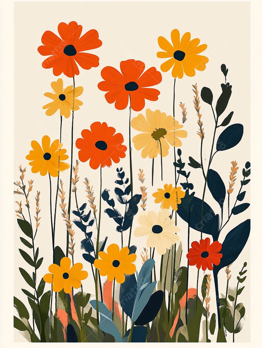 Flores laranjas e amarelas em campo ilustrativo com fundo claro