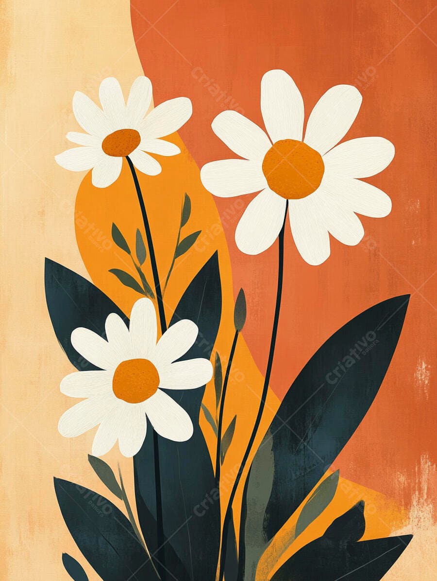 Três margaridas brancas estilizadas com fundo laranja abstrato minimalista