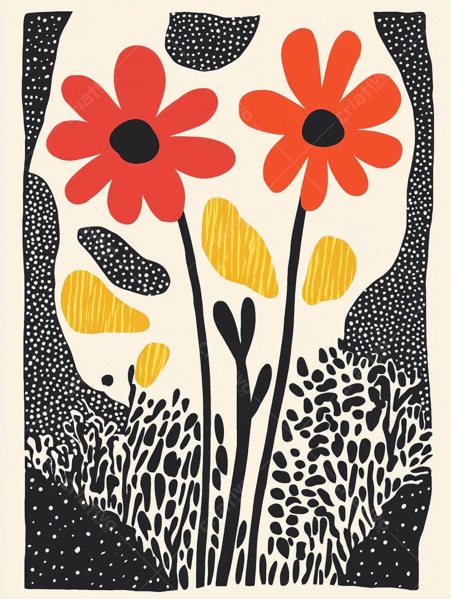 Flores vermelhas abstratas e folhagem amarela estilo cut-out em fundo claro