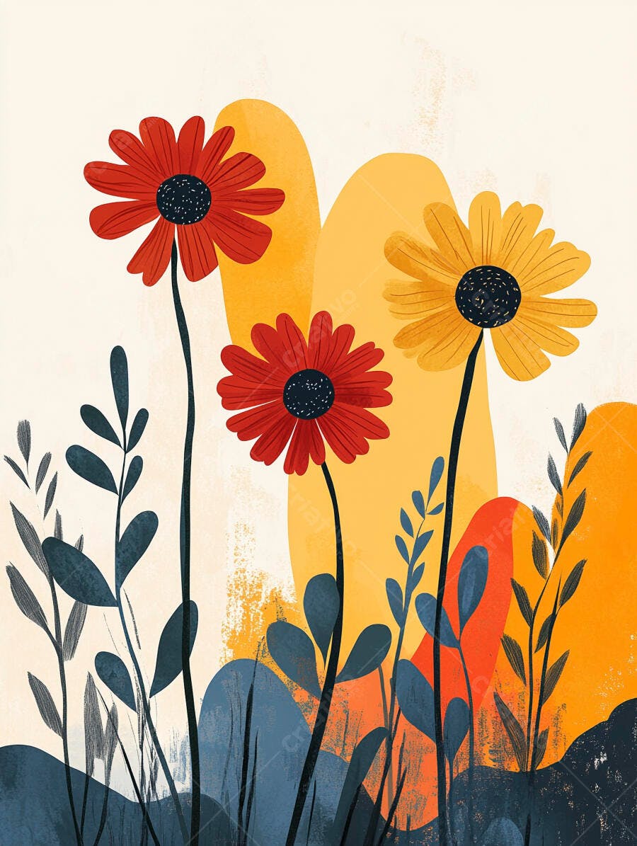 Flores abstratas vermelhas amarelas e folhagens em fundo orgânico