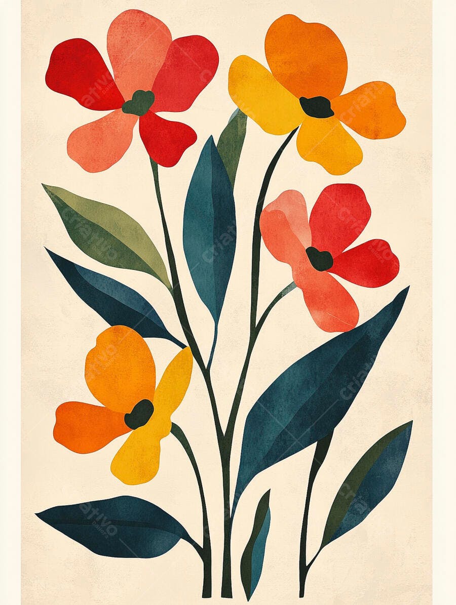 Flores abstratas vermelhas laranjas e amarelas com folhas teal em fundo creme