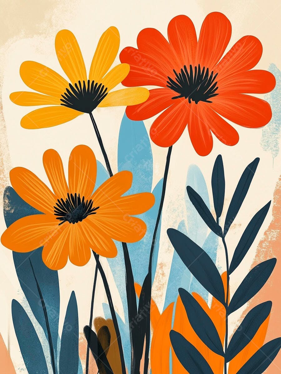 Flores coloridas amarelas laranjas vermelhas e folhagens azuis ilustração artística moderna