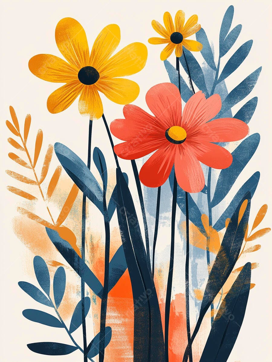 Ilustração de flores amarelas e coral com folhas azuis e fundo abstrato