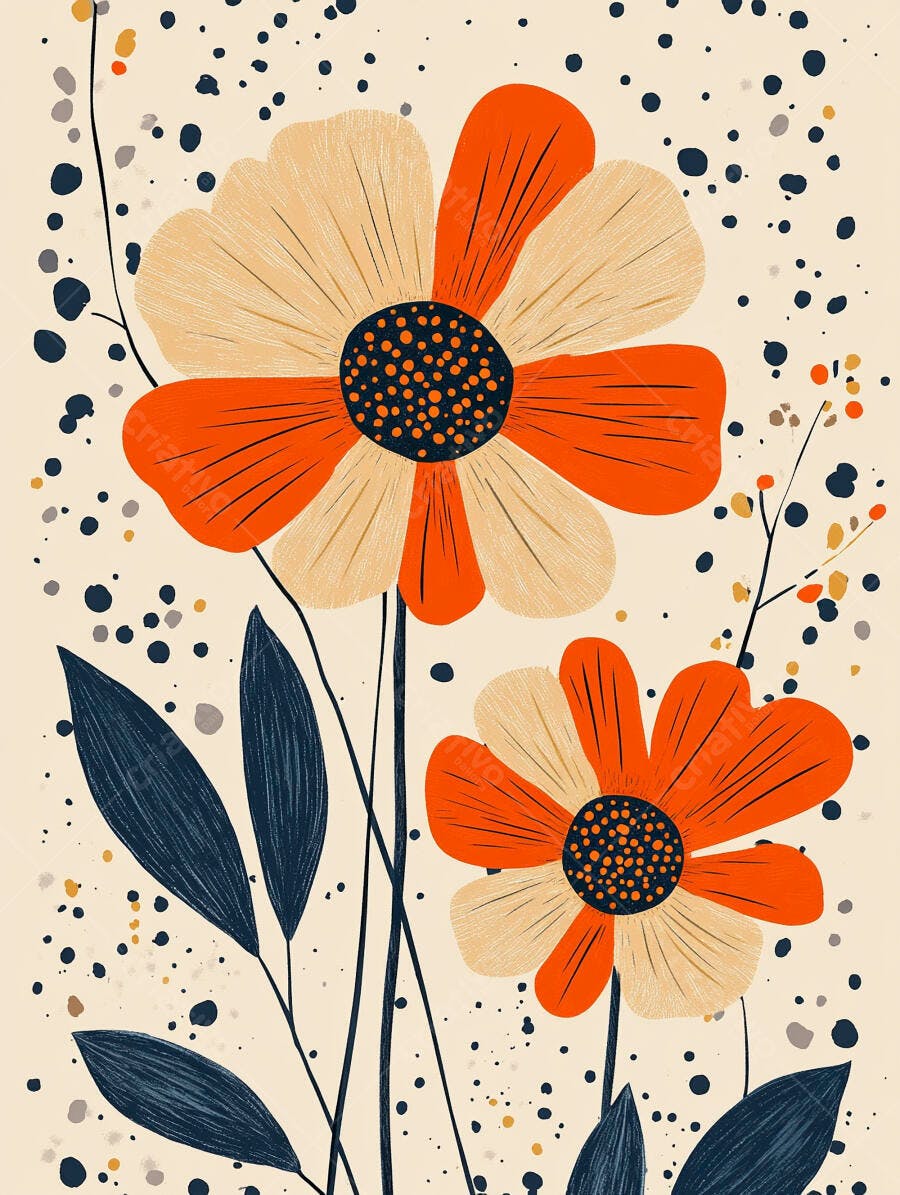 Flores estilizadas laranja e creme em ilustração botânica moderna
