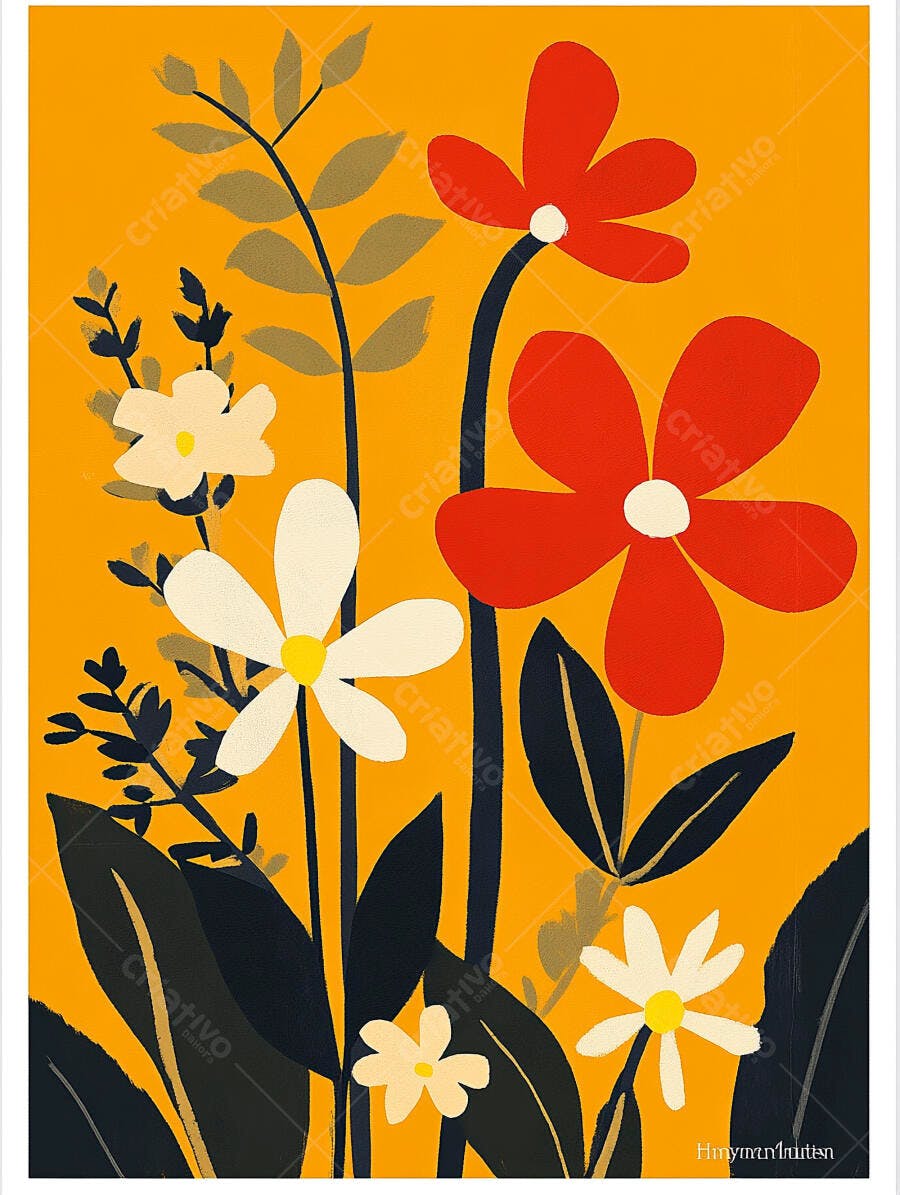 Ilustração floral vibrante com flores vermelhas e brancas em fundo laranja