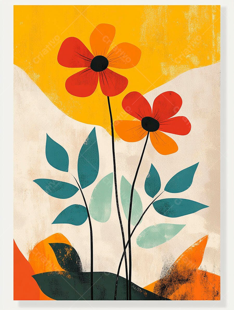 Flores abstratas vermelhas e laranjas com folhas azuis em fundo amarelo arte minimalista