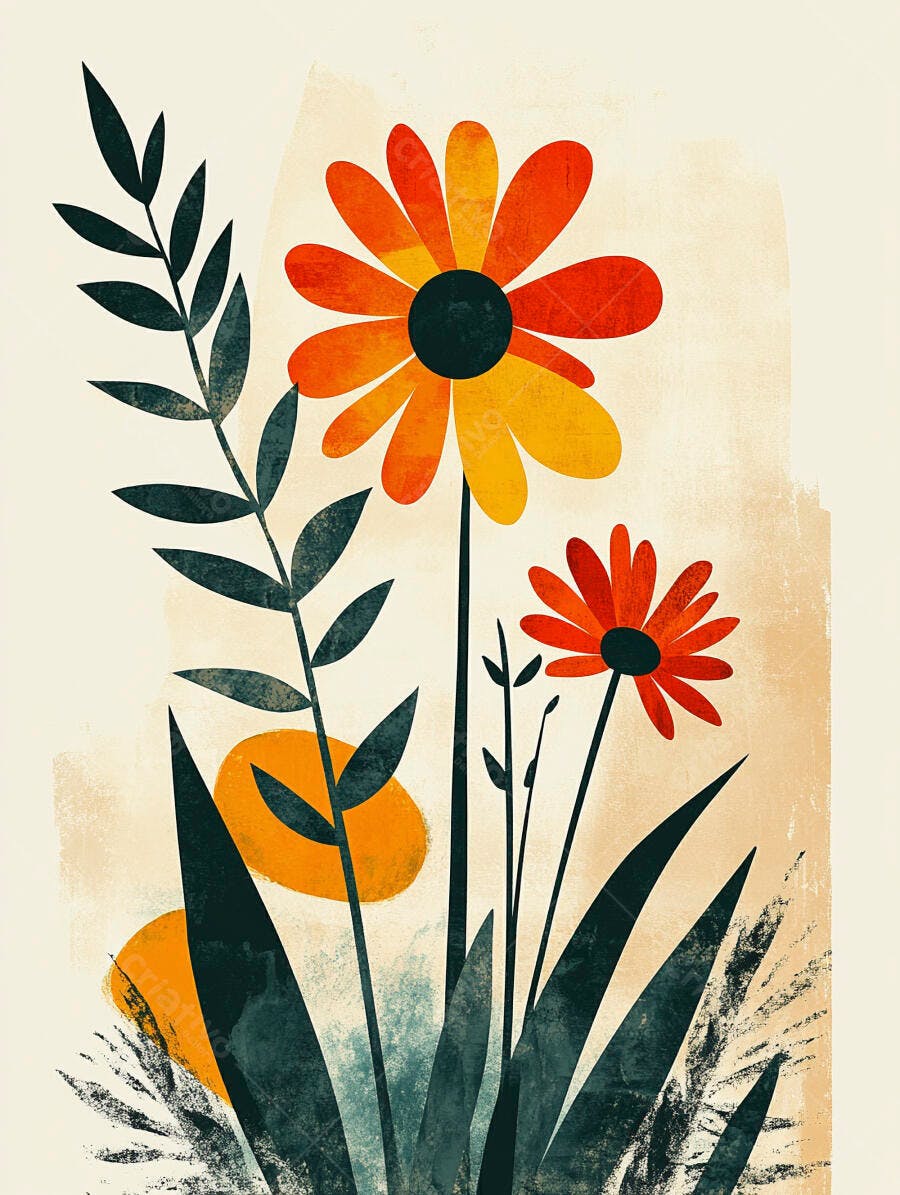 Flores abstratas laranja e vermelhas ilustração texturizada estilo boho