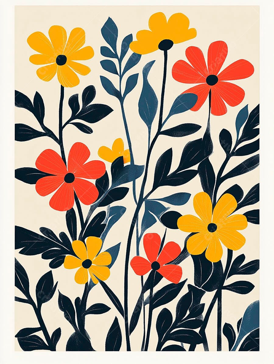 Flores amarelas vermelhas e folhas azuis ilustração decorativa moderna