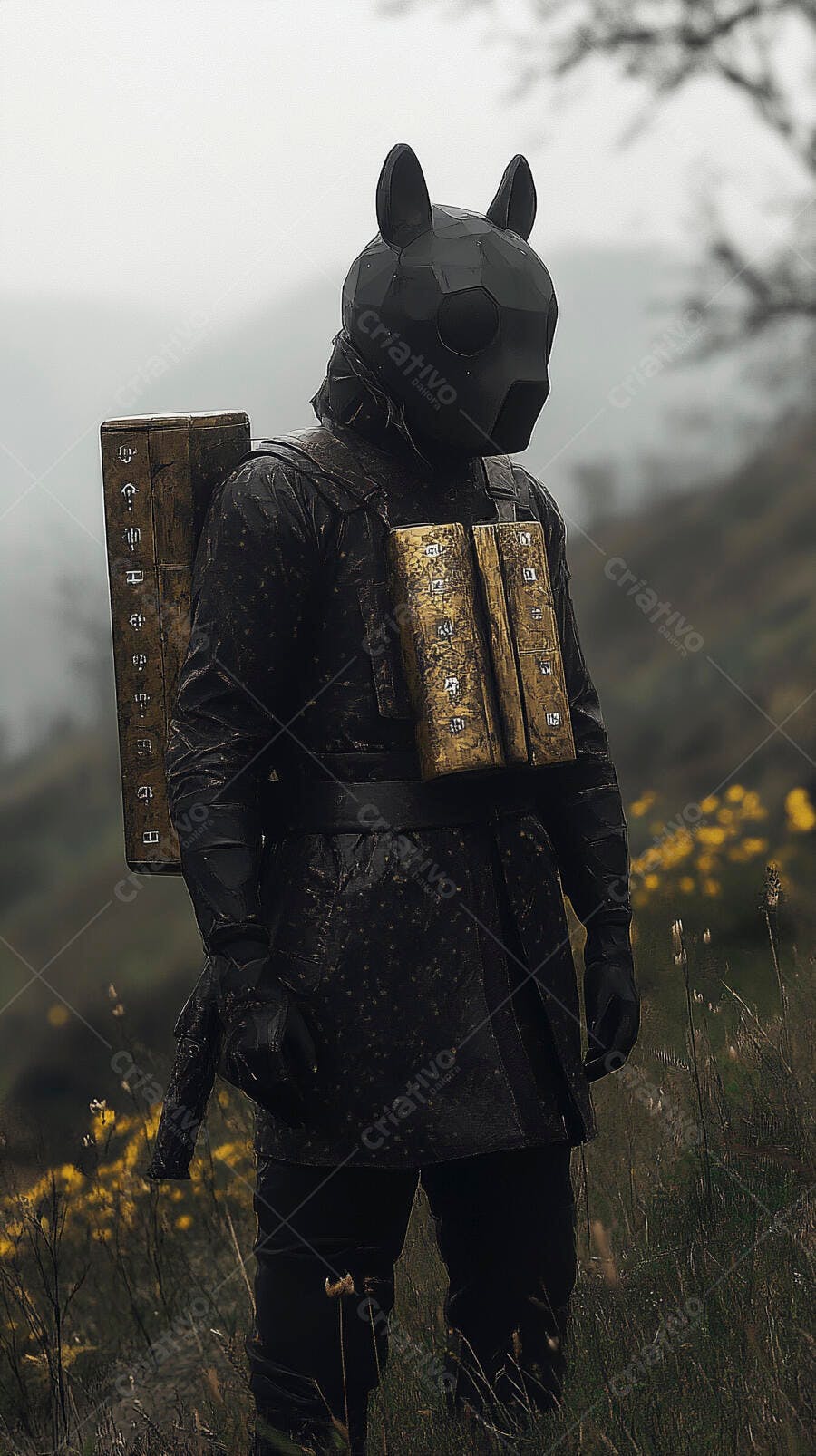 Figura mascarada misteriosa de preto com objetos dourados em campo nevoeiro