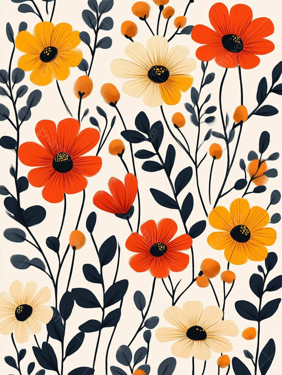 Padrão floral vibrante com flores laranjas amarelas e creme em fundo claro
