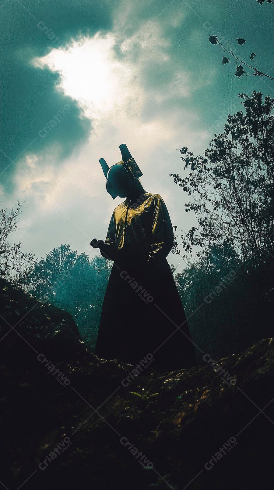 Estátua enigmática com capacete pontudo em bosque sob céu cinza teal