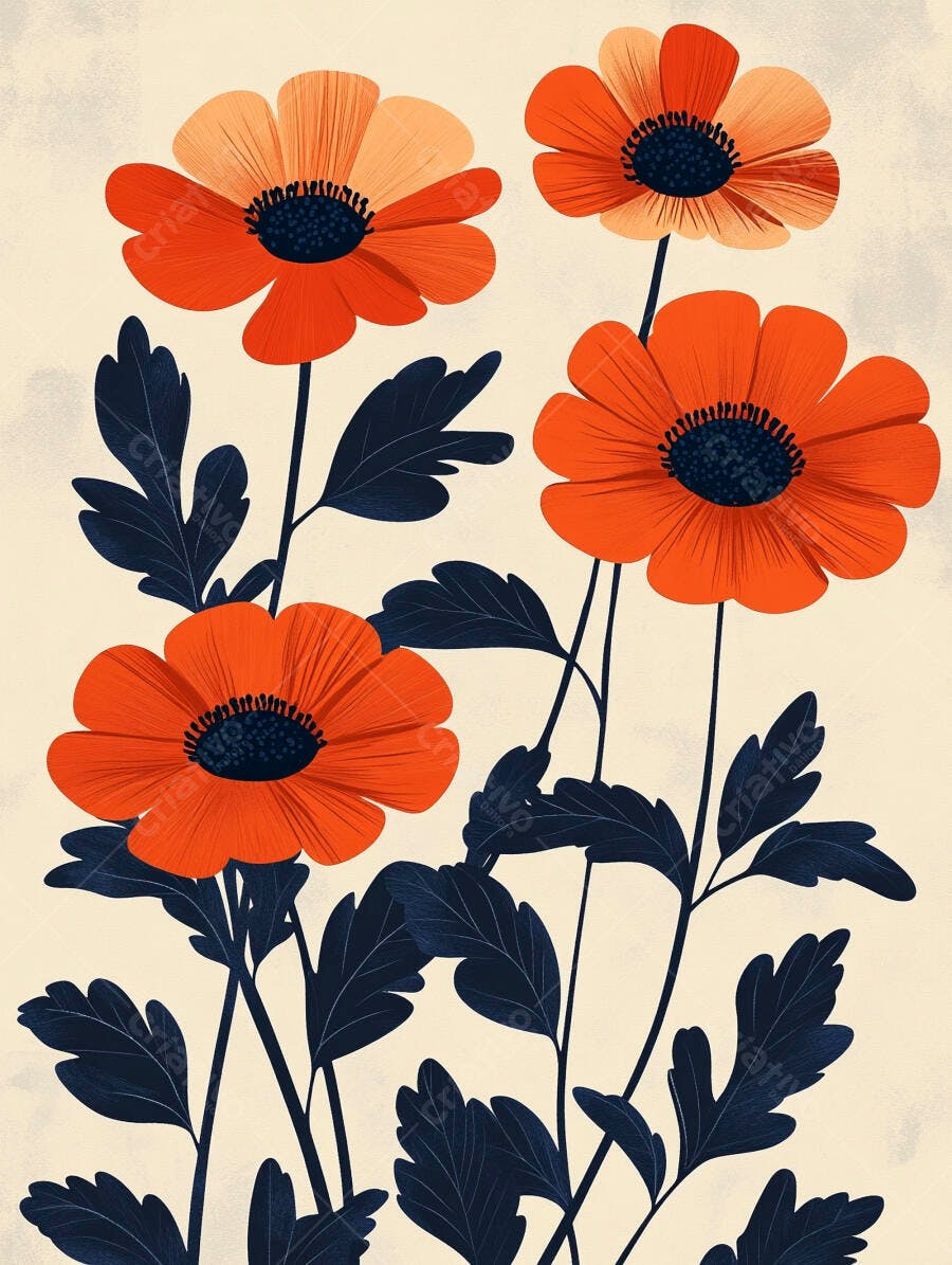Flores papoulas laranja e azul marinho ilustração botânica moderna fundo creme