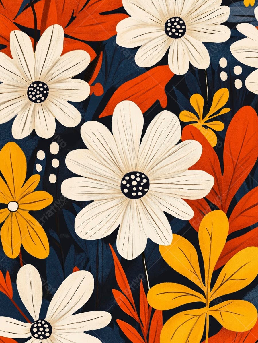 Padrão floral vibrante com flores brancas e folhas laranja amarelo em fundo azul marinho
