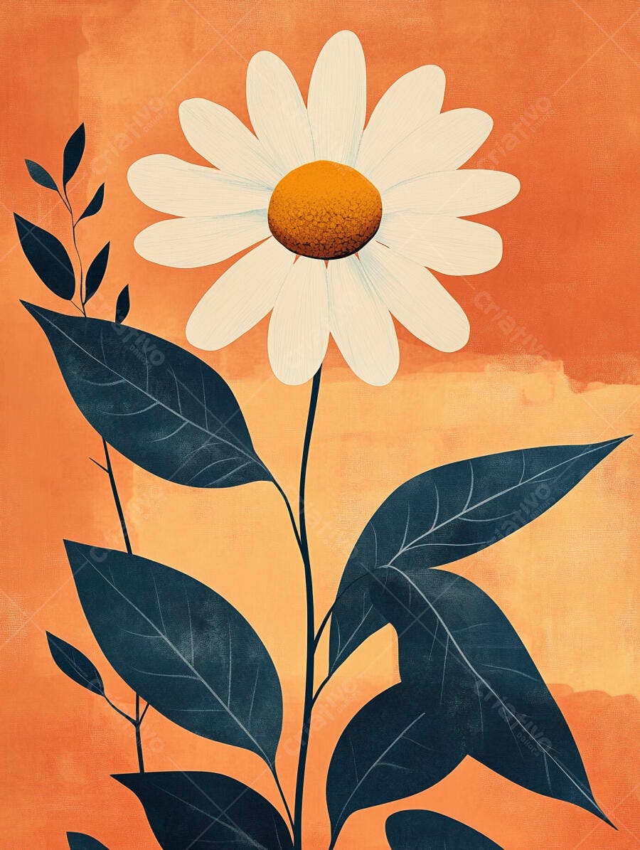 Margarida branca com miolo laranja e folhas azuladas em fundo aquarela laranja