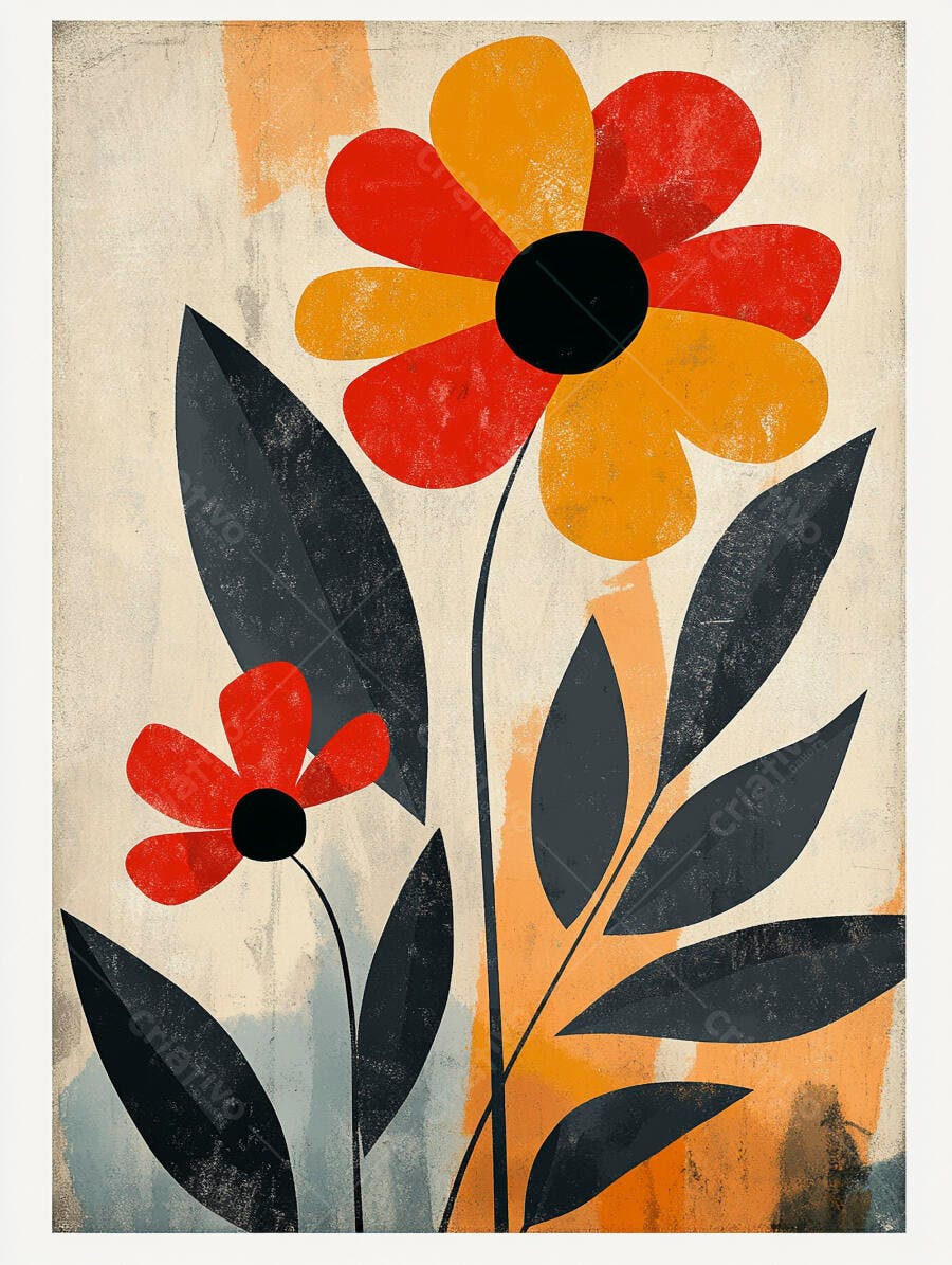 Flores abstratas vermelhas e laranjas com folhas escuras em fundo texturizado