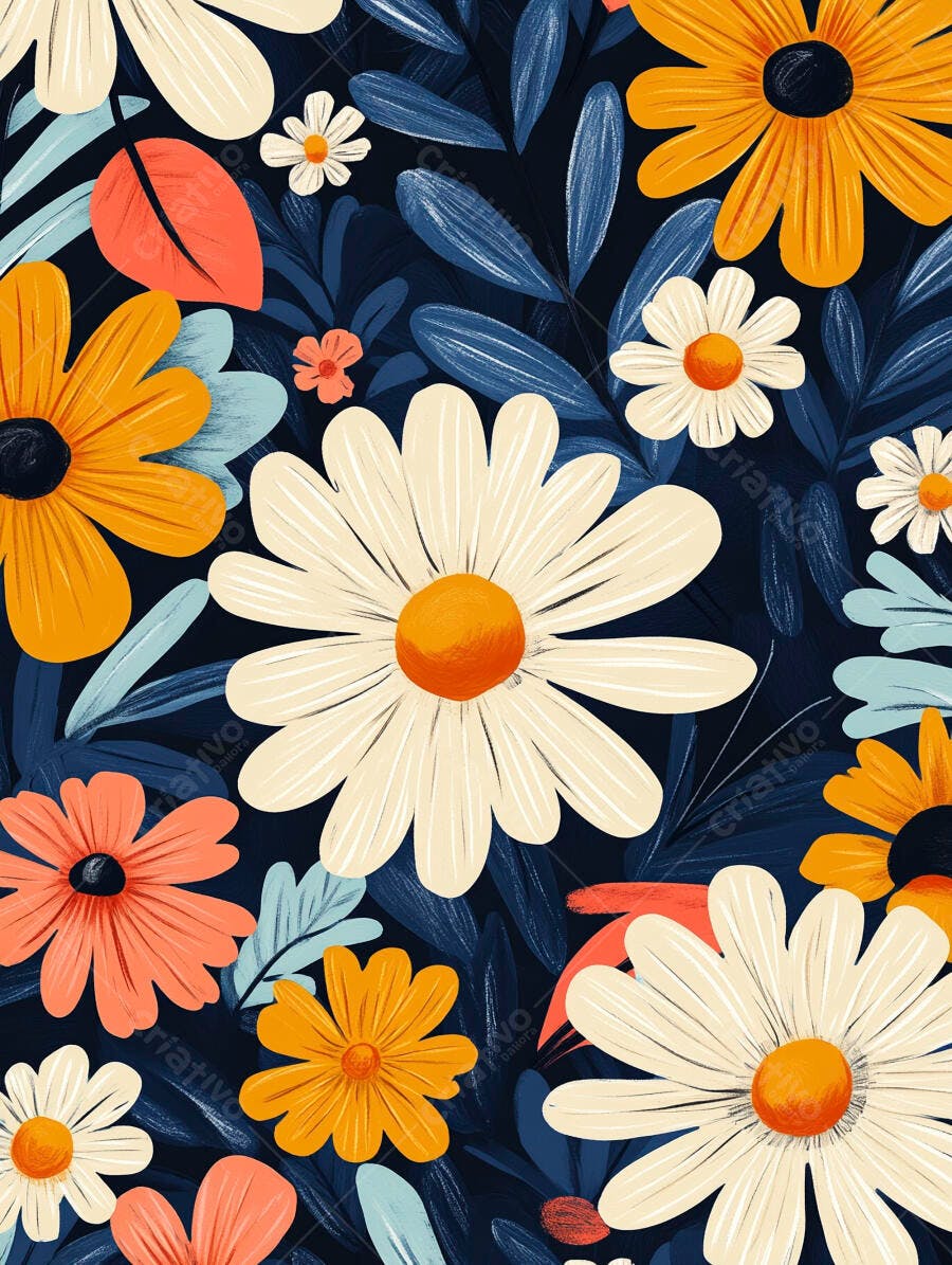 Padrão floral com margaridas brancas amarelas folhas azuis e fundo marinho