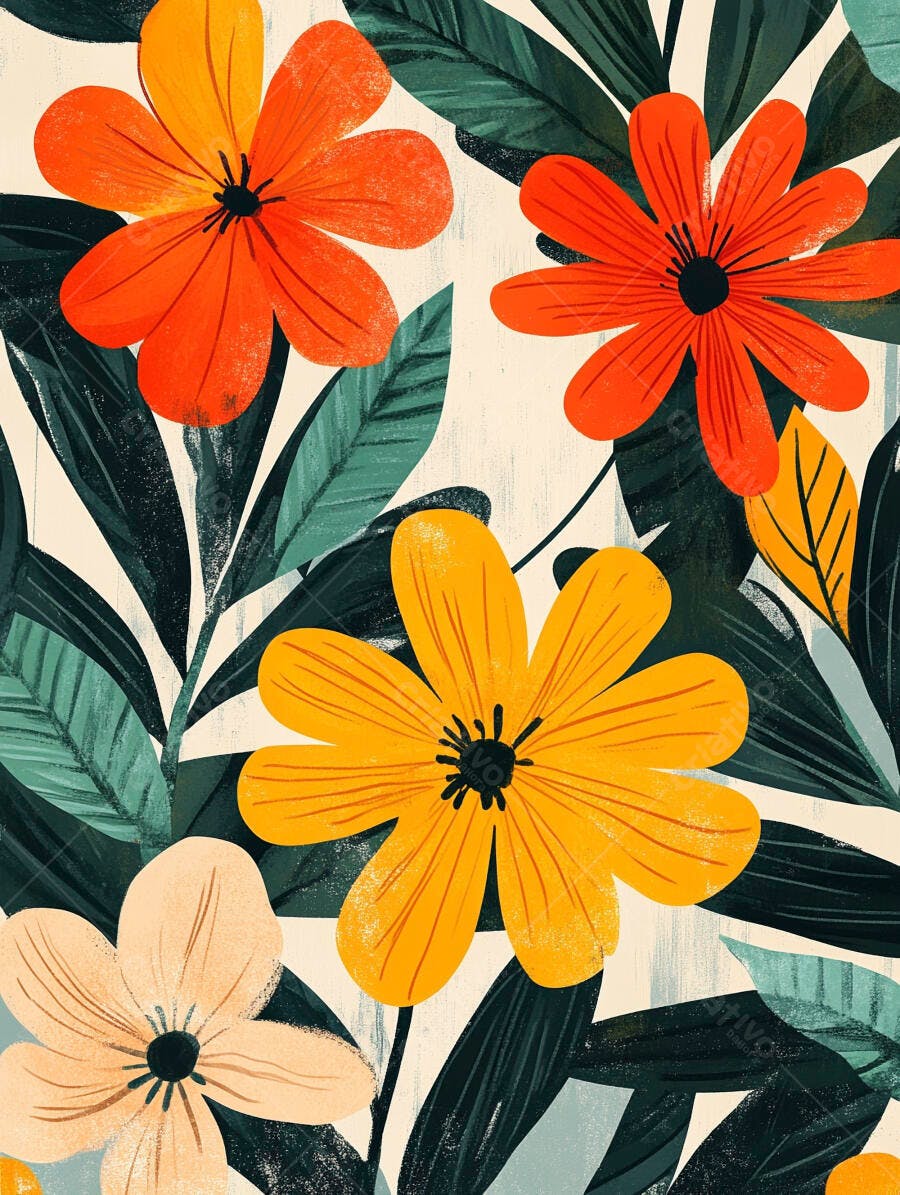 Flores vibrantes em padrão tropical com folhas verdes e fundo creme