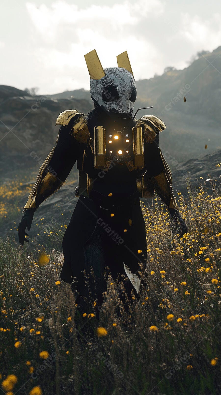 Personagem futurista dourado e preto em campo de flores amarelas