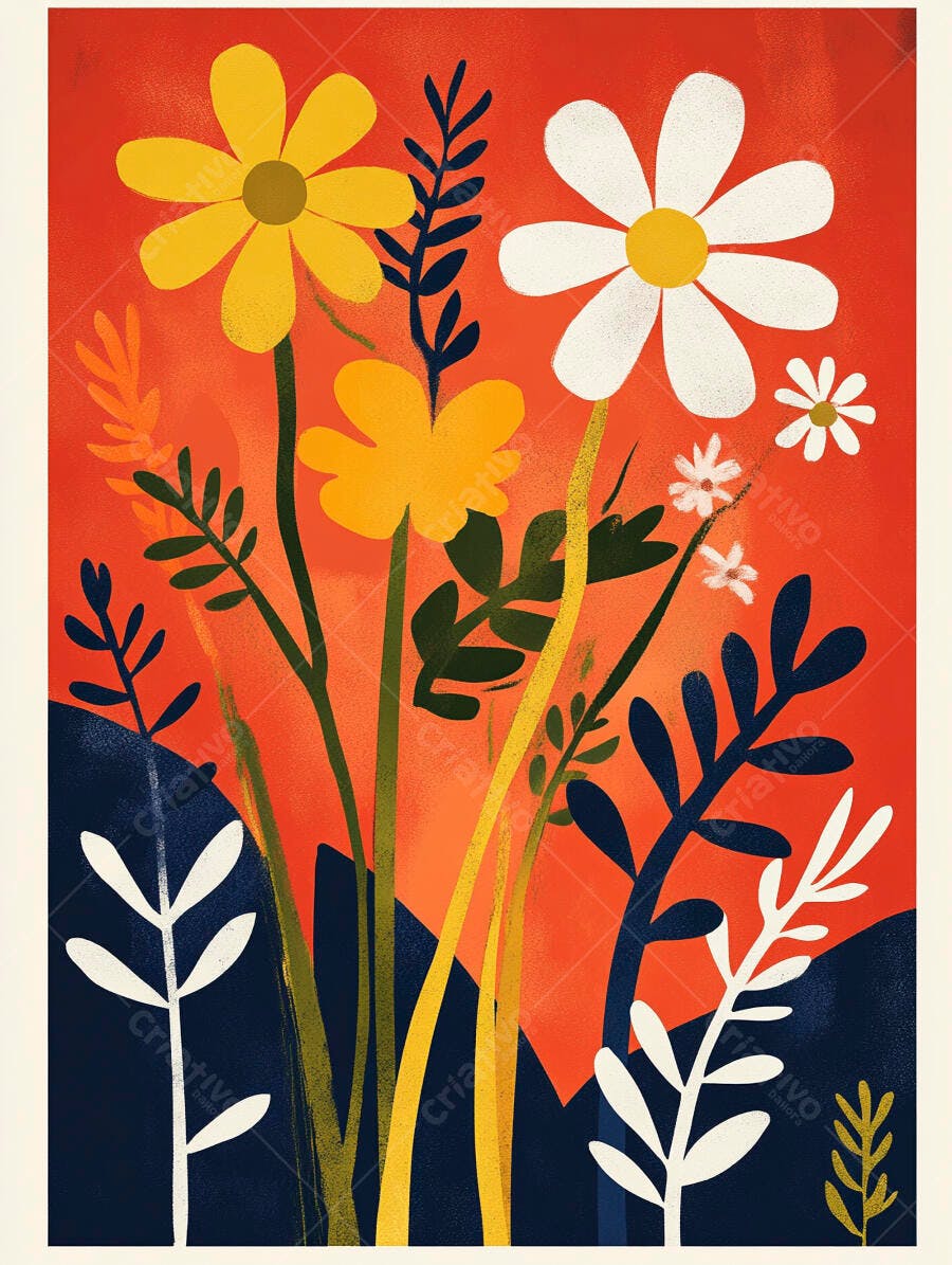 Flores e folhagens coloridas em ilustração artística vibrante com fundo laranja