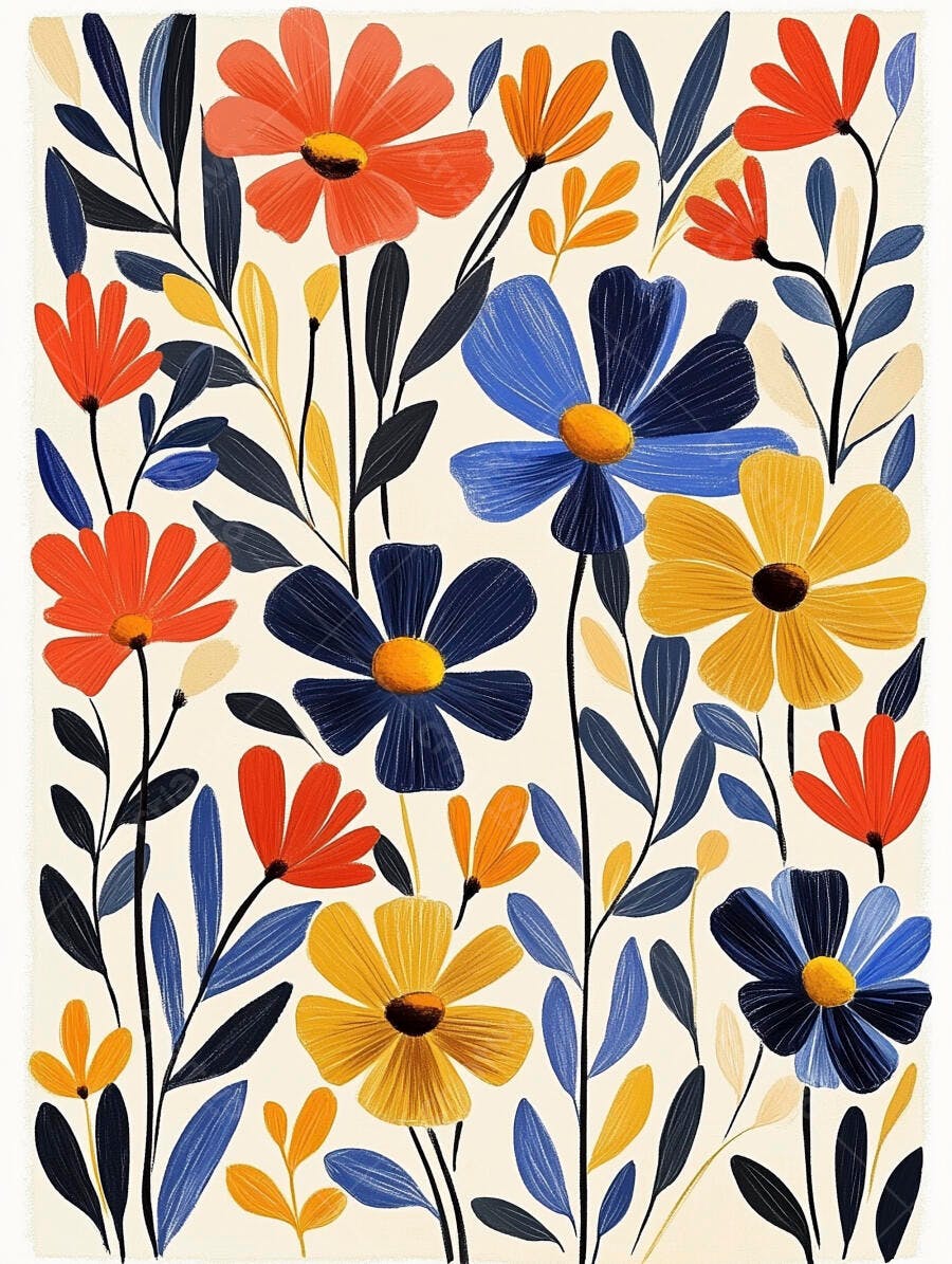 Flores coloridas ilustradas em padrão floral laranja azul e amarelo