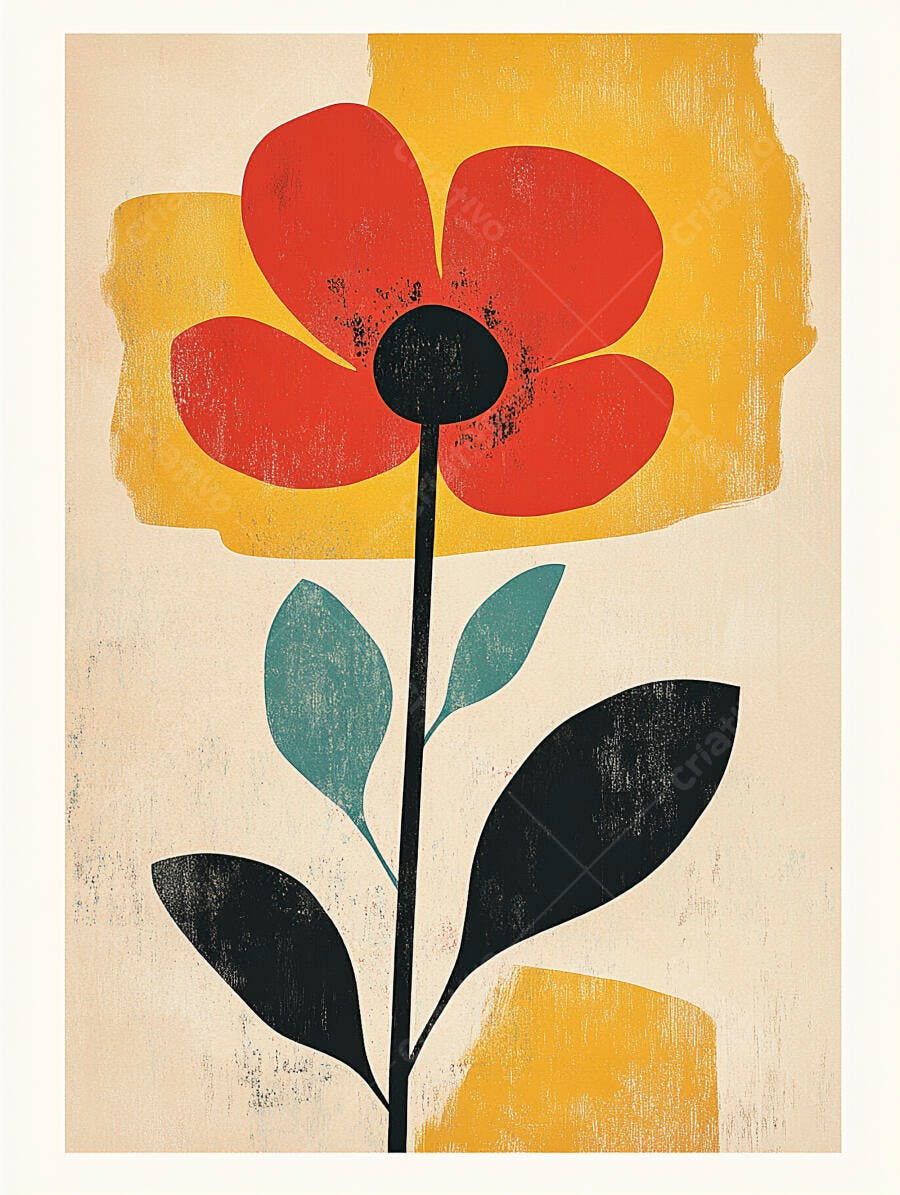 Flor abstrata vermelha e preta com folhas azuis e fundo amarelo texturizado