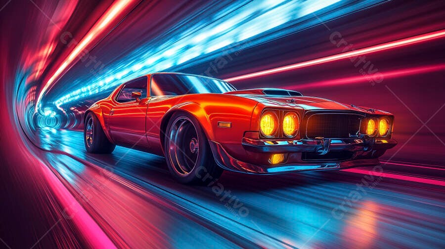 Carro esportivo clássico vermelho em túnel neon vibrante com efeito de velocidade