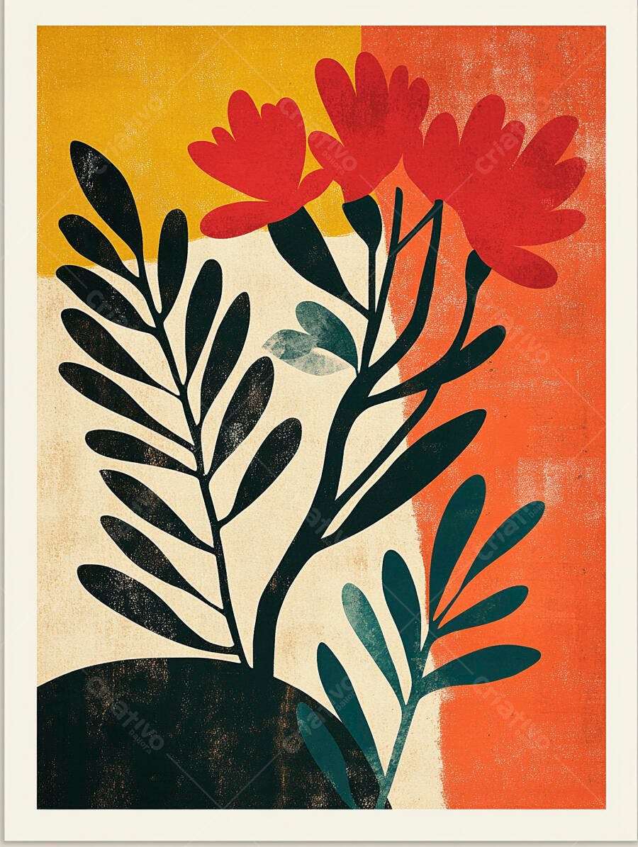Flores vermelhas e plantas abstratas com fundo laranja e amarelo arte minimalista