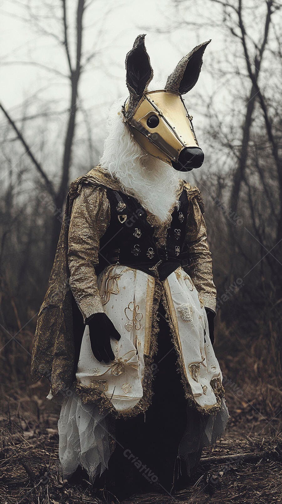 Personagem com máscara de cavalo dourada e traje barroco em floresta misteriosa