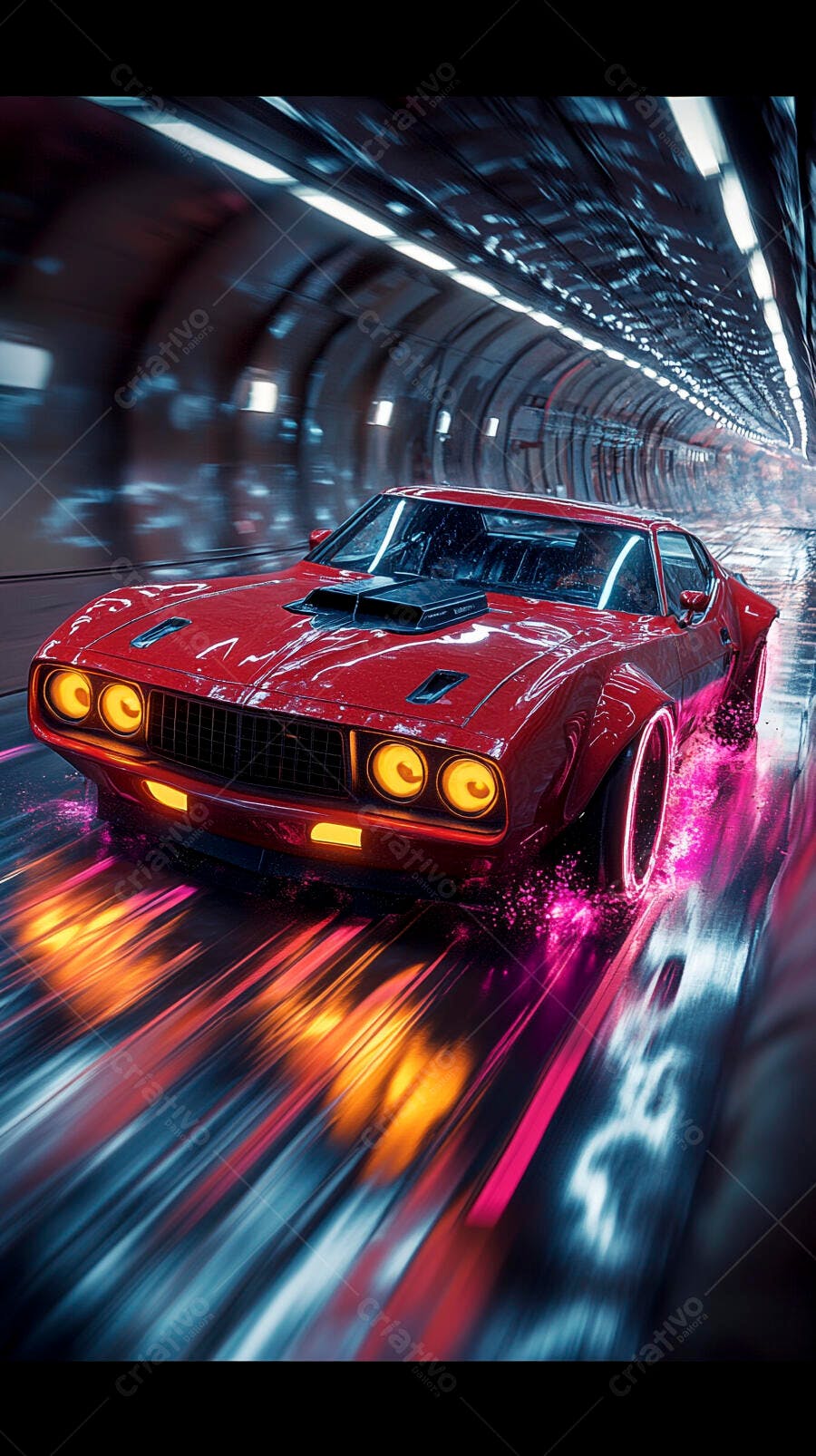 Carro esportivo vermelho em túnel futurista neon com velocidade