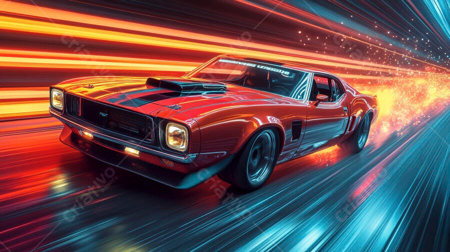 Carro esportivo vermelho muscle car em túnel neon de alta velocidade