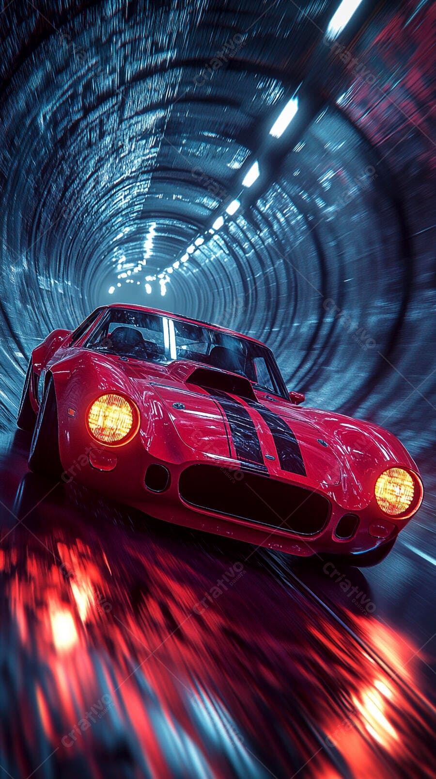 Carro esportivo vermelho com faixas pretas em túnel futurista azul e neon
