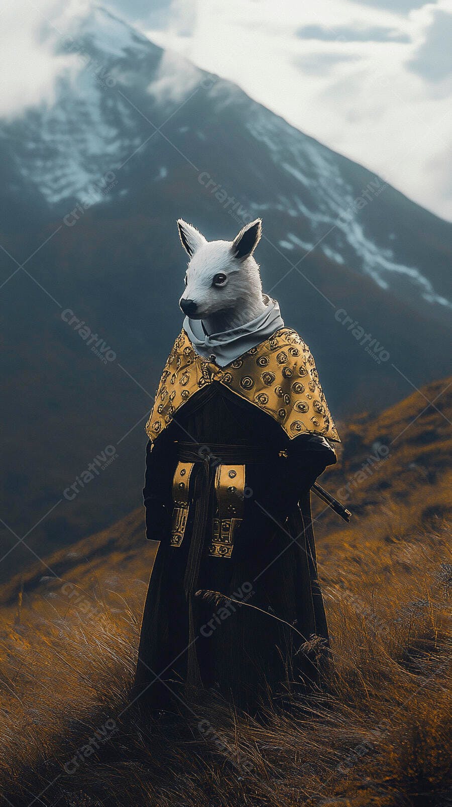 Coelho branco samurai com manto dourado em montanha nevada paisagem outono