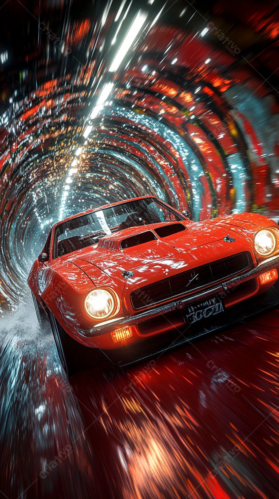 Carro clássico vermelho esportivo em túnel futurista iluminado com velocidade