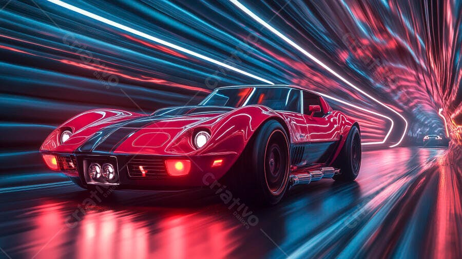 Carro esportivo vermelho em túnel neon futurista de alta velocidade