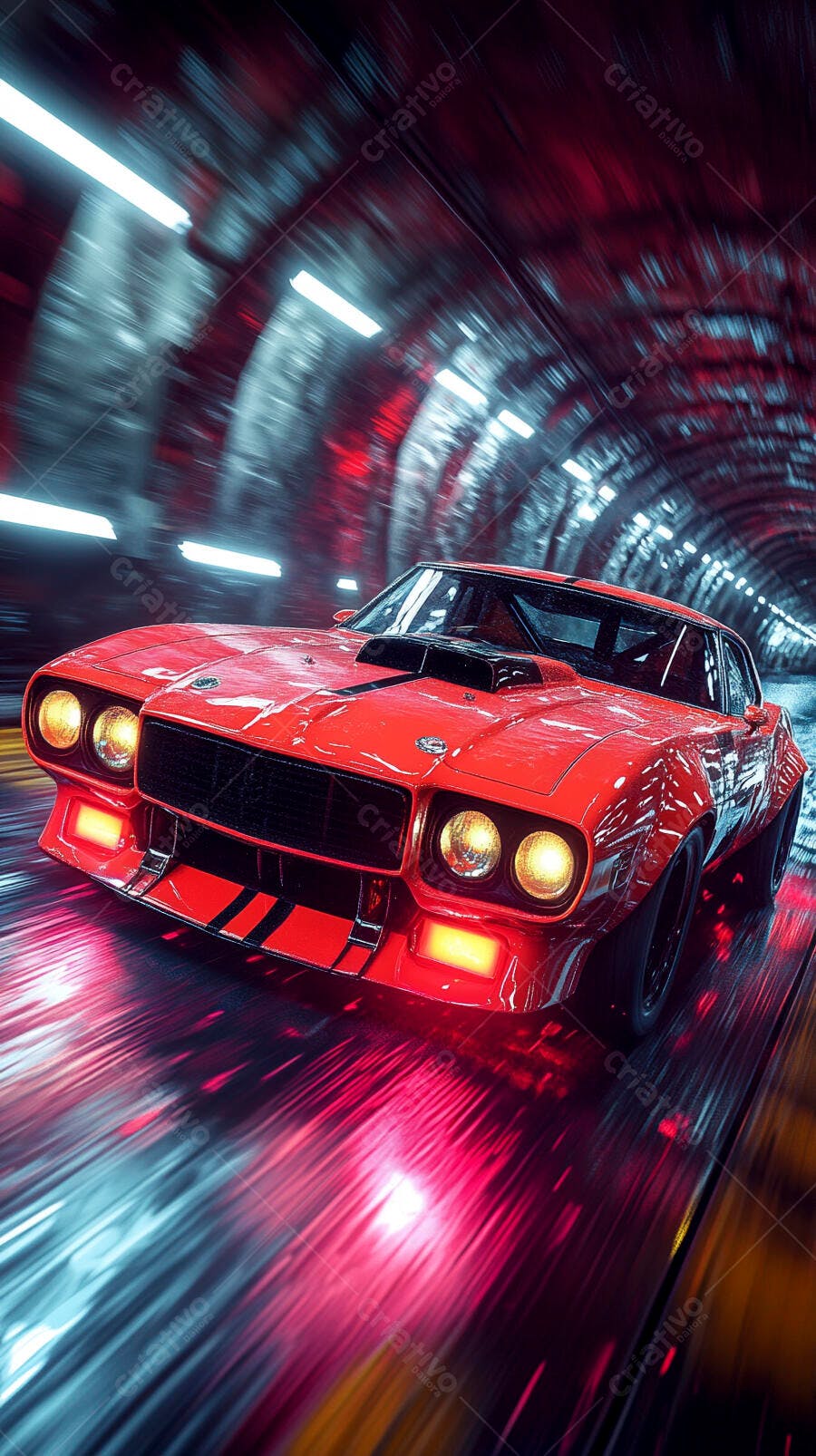 Carro esportivo clássico vermelho em túnel iluminado com movimento rápido