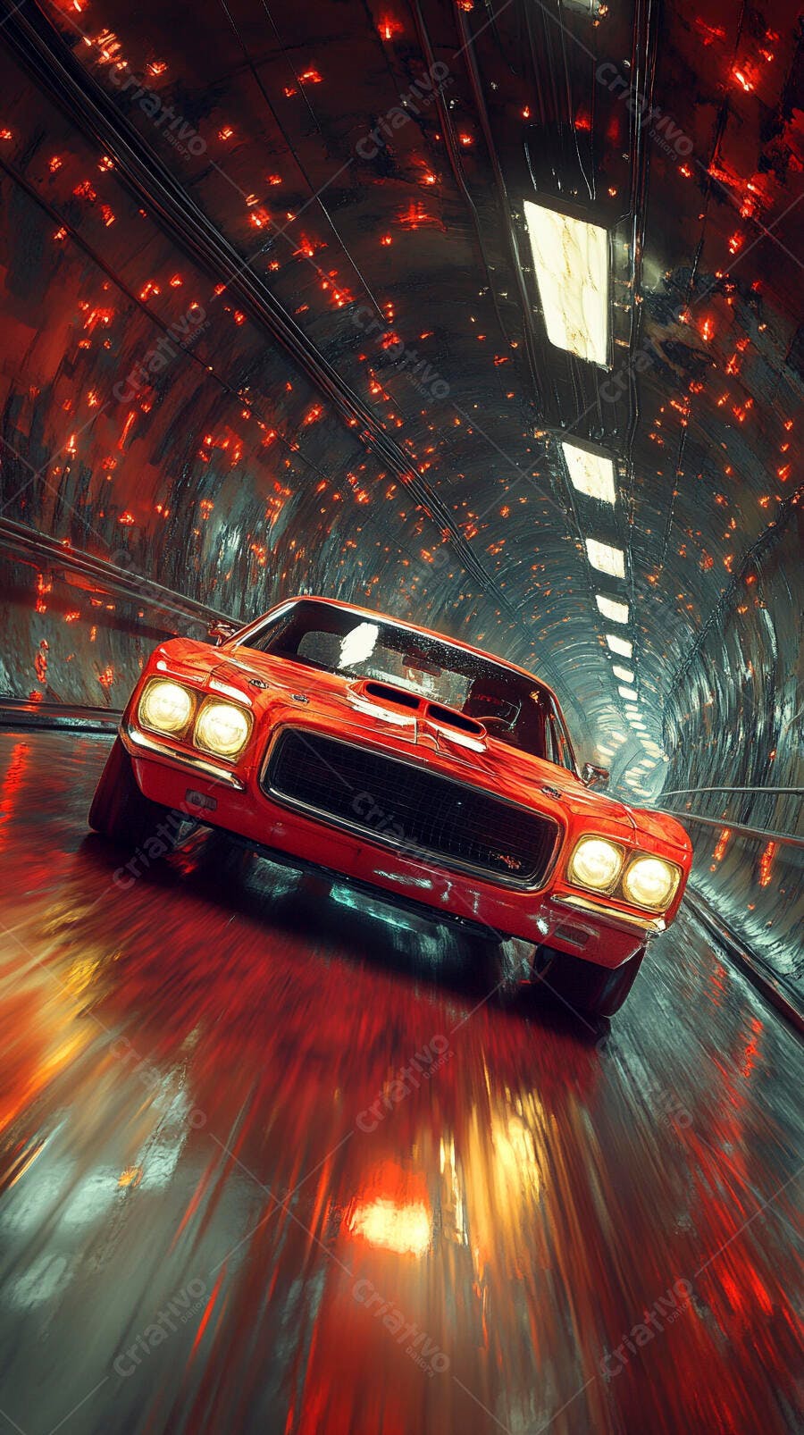 Carro esportivo vermelho em túnel futurista com luzes brilhantes