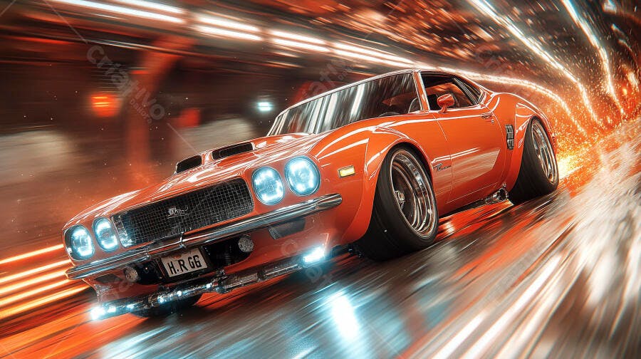 Carro esportivo laranja em alta velocidade túnel de luz futurista